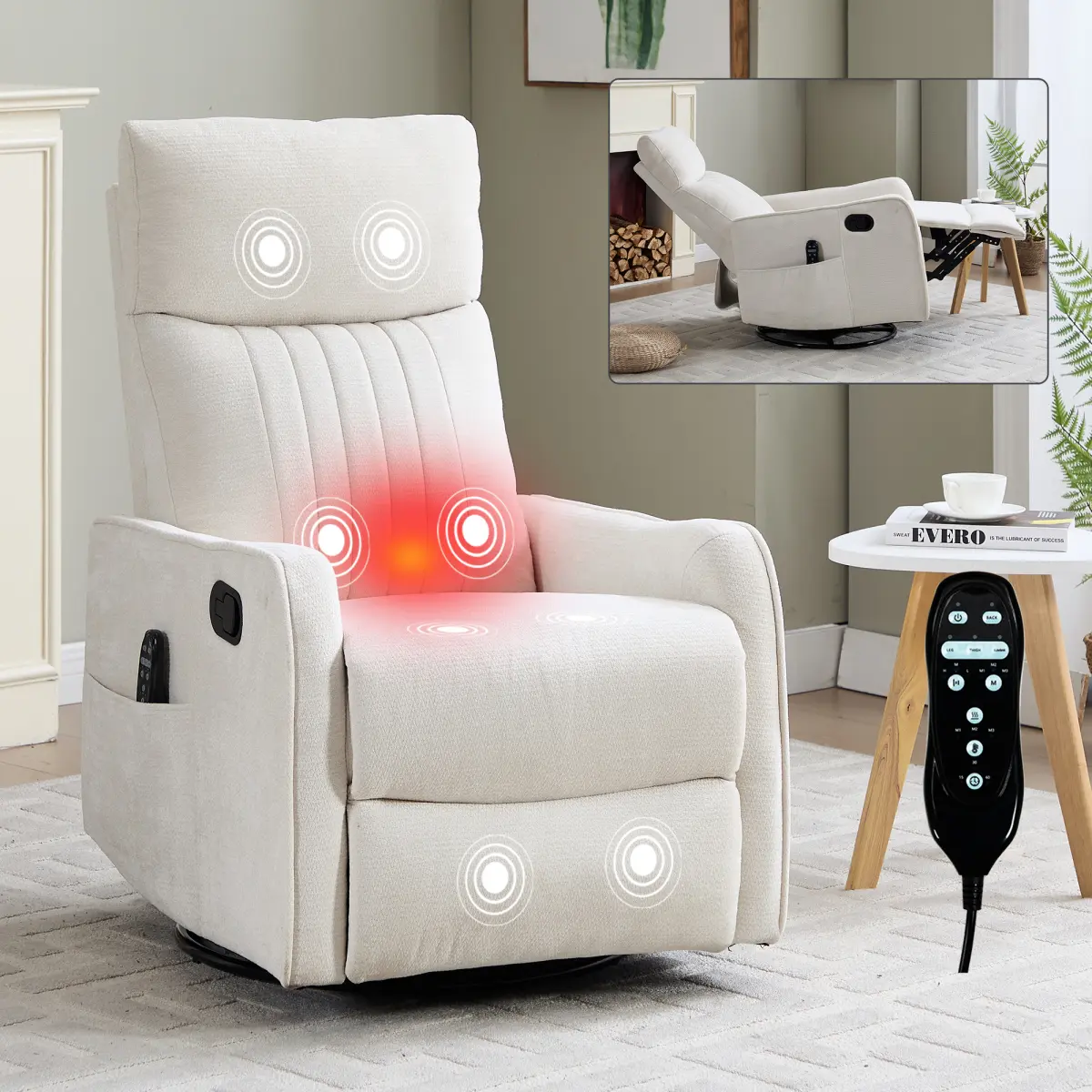 Swivel Rocker Recliner Chair, 360° Swivel Recliner with Heat and Massage, Rocker Recliner Nursery Glider Chair with Side Pockets for Living Room