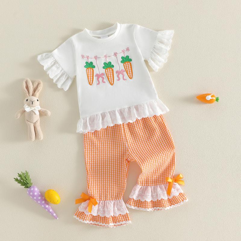 Toddler Baby Girls Easter Outfit Cute Carrot Embroidery Short Sleeve Tops with Plaid Pants 2Pcs Clothing Set