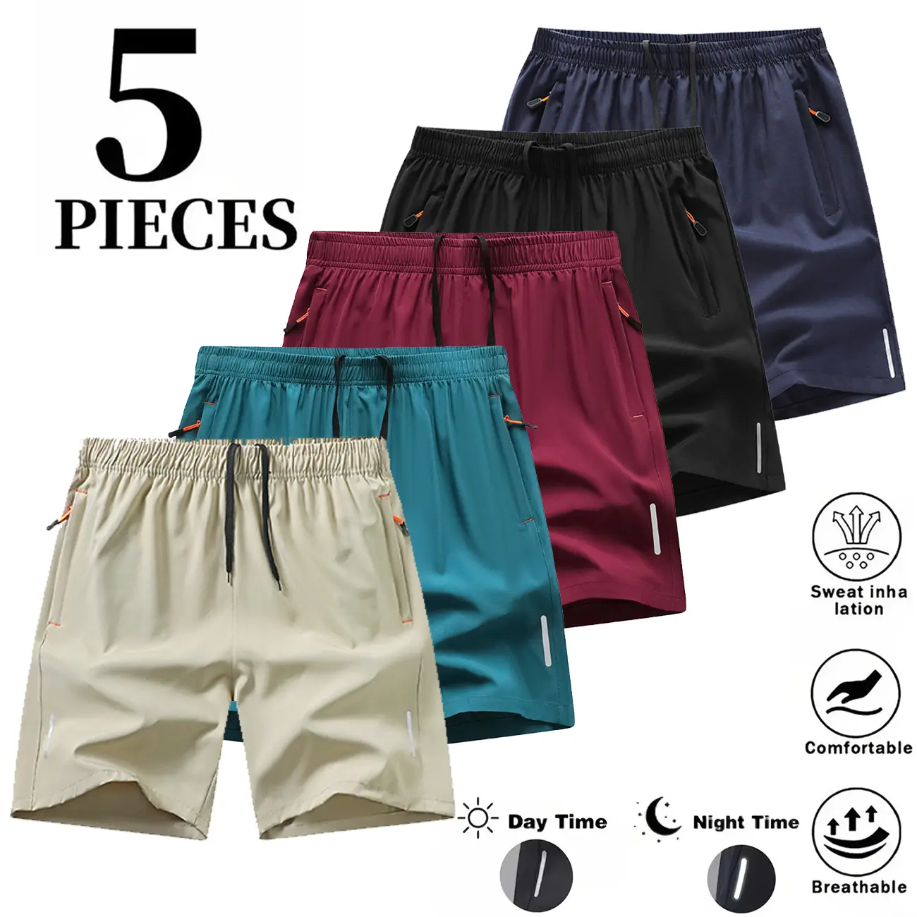 Men's 5-Pack Dry-Fit Body-Fitting Solid Color Athleisure Gym Shorts - Mens Clothing, Breathable Bottoms with Zippered Pockets, Drawstring Waist, Multi-Size, Pocketed for Gym & Outdoor Wear,father'sdaygifts