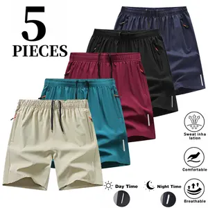Men's 5-Pack Dry-Fit Body-Fitting Solid Color Athleisure Gym Shorts - Mens Clothing, Breathable Bottoms with Zippered Pockets, Drawstring Waist, Multi-Size, Pocketed for Gym & Outdoor Wear,father'sdaygifts