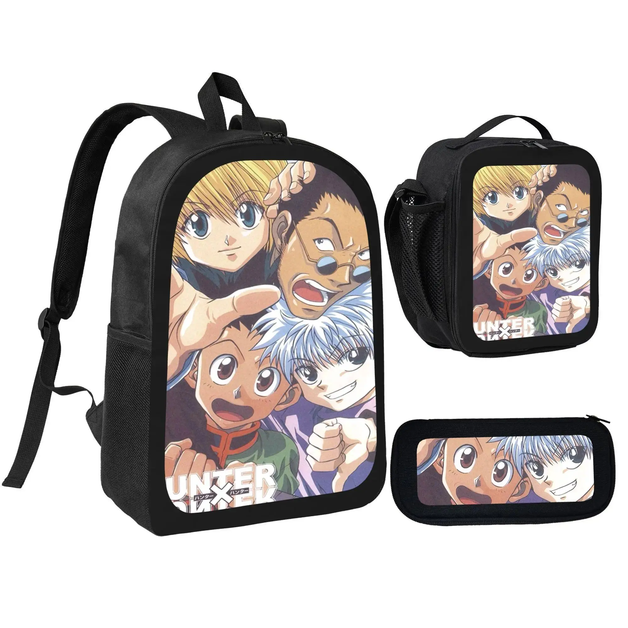 HUNTERXHUNTER Hot Anime Print Backpack for Boys Girls Teens, 3PCS Fashion School Bag Set with Thermal Lunch Bag and Zipper Pencil Case, Large Capacity Casual Daypack for School Daily Travel