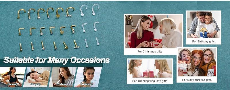 THUNARAZ 32 Pcs Exquisite L Shape Straight Corkscrew Nose Rings Studs for Women Men 18G 20G Hypoallergenic Surgical Stainless Steel Retainer Clear Nose Rings Hoops Cartilage Helix Tragus Piercing Jewelry for Summer Holiday Christmas Gift