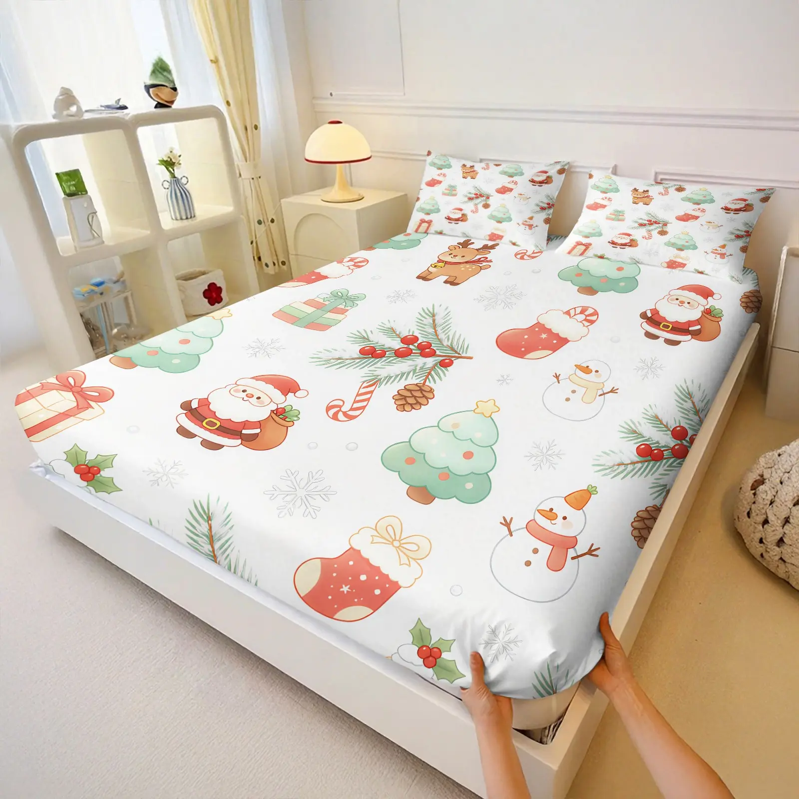 3Pcs Christmas Fitted Sheet Set, Reindeer Snowman Xmas Print, All Around Elastic Non Slip Mattress Cover