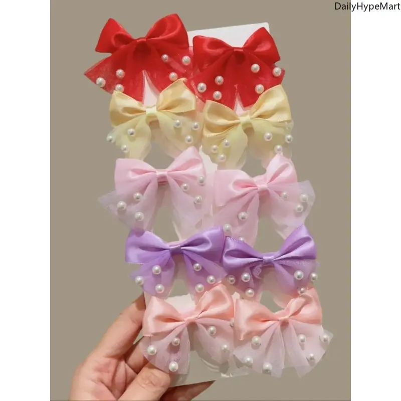 10-Piece Mesh Pearl Bow Hair Clips in Macaron Colors, Sweet Accessories for Women for Christmas, Engagement & Anniversary, Whimsical, Memorial Day, Everyday Wear