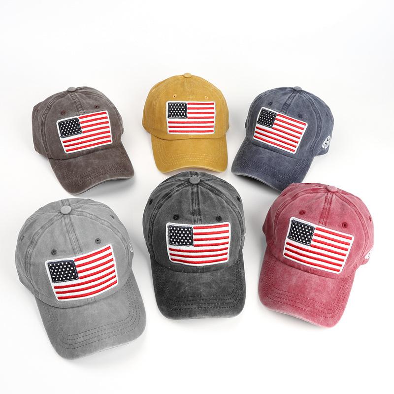 Baseball cap with American flag, pure cotton, letter embroidery, washed and distressed, curved brim, trendy new product