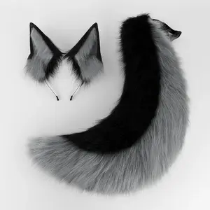 2Pcs/set Animal Fursuit Ears Tail Halloween Party Cosplay Headwear Plush Beast Wolf Tails Fox Ears Hair Band Furry Dog COS Tail