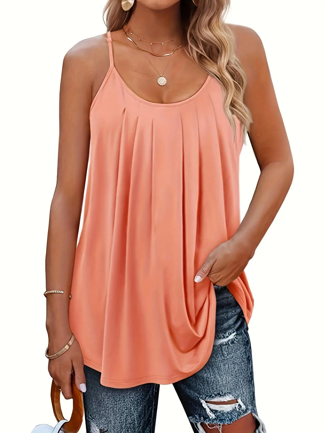 [Plus Size] Plain Plicated Scoop Neck Cami Top, Casual Loose Adjustable Spaghetti Strap Top for Summer, Summer Outfits 2024, Women's Plus Size Clothing for Daily Wear