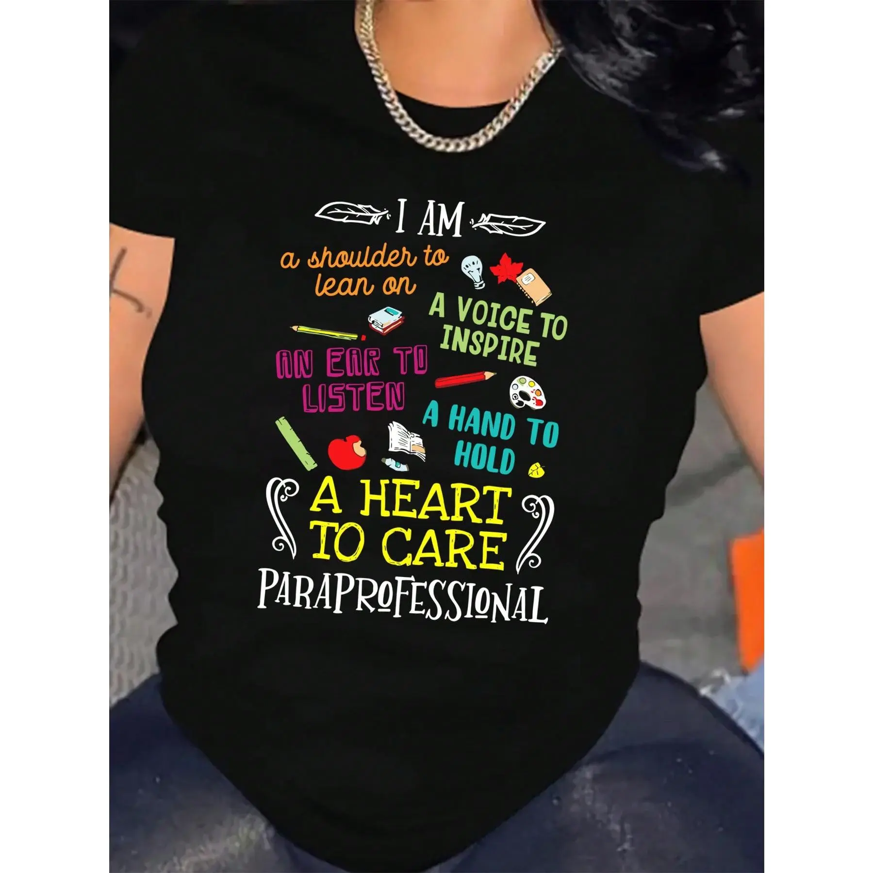 Women's Lightweight Regular Fit 1-Piece Round Neck Loose Cotton Paraprofessional Teacher Appreciation Short-Sleeve Sports Top - All Over Educational Icons, "Paraprofessional" Lettering, Soft Elegant Casual, Machine Washable Aide Gift (Black), One Piece, T