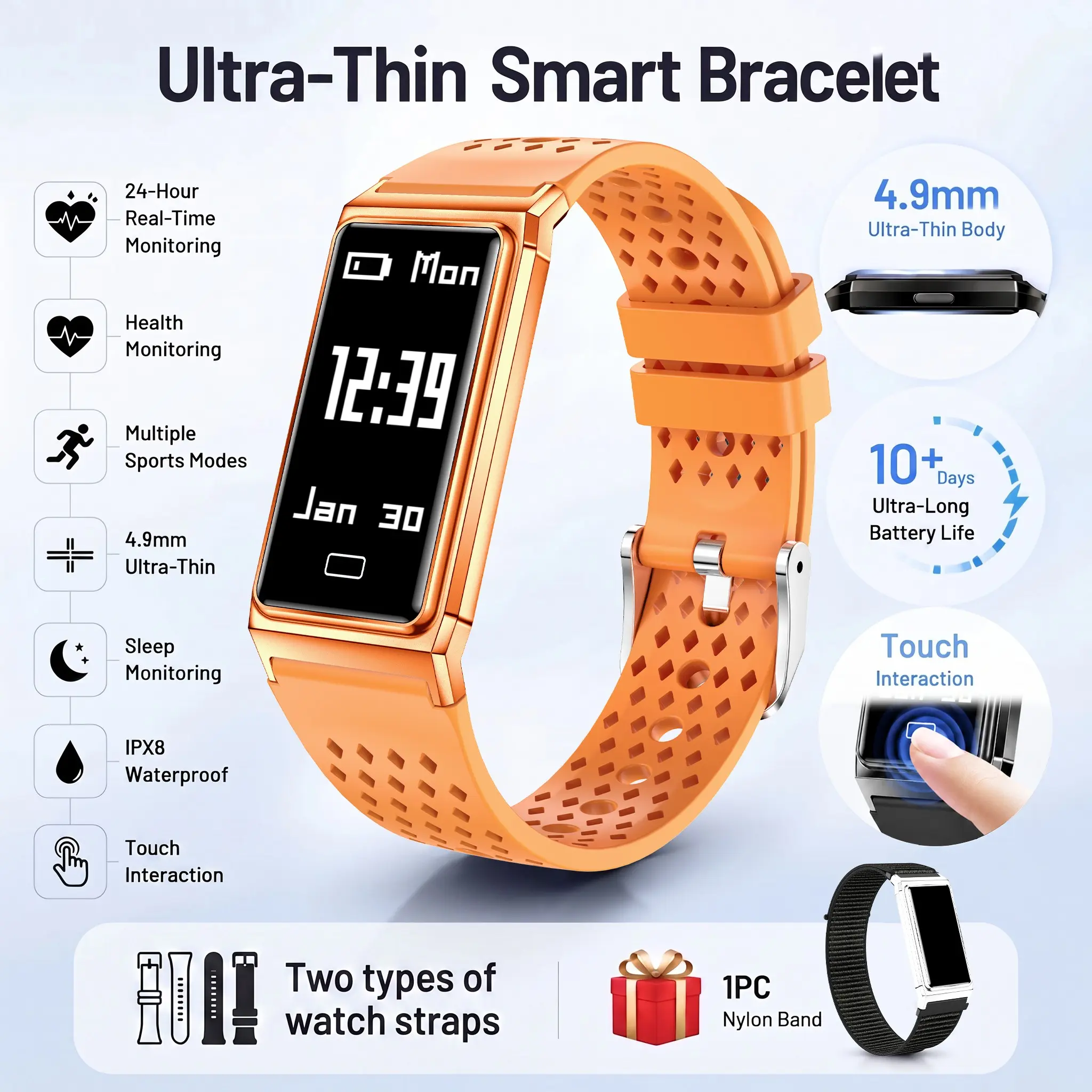 Ultra-Thin Smart Watch, Waterproof Ipx8, 7-Day Battery Life, Bluetooth-compatible Connectivity, Sleep Monitor, Remote Camera, Gift for iPhone & Android Users