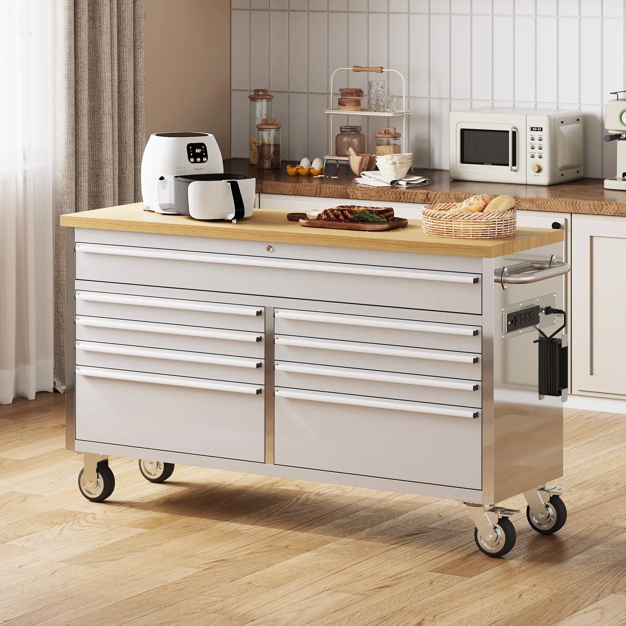 61-in Heavy Duty Rolling Tool Chest Workbench with 15 Drawers - Sturdy Rubber Wood Top, Locking Wheels, Power Outlets, USB Ports - Mobile Storage Cabinet for Garage, Workshop