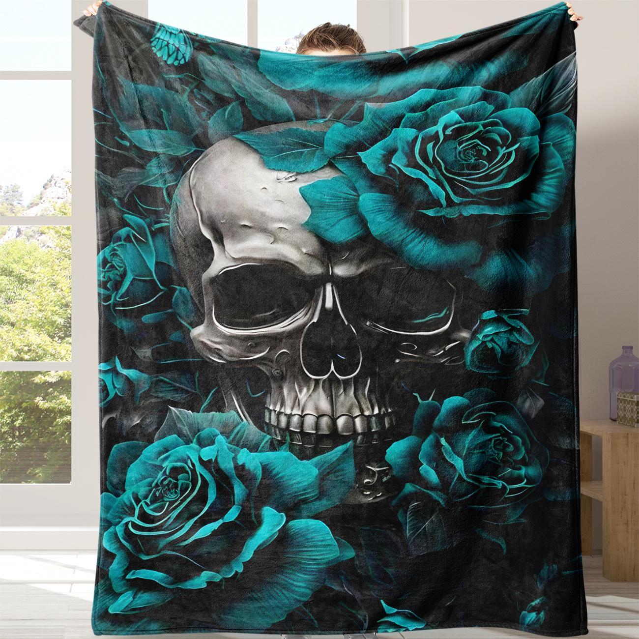 Gothic Skull Print Flannel Blanket, Casual Soft Throw Blanket with Storage Bag, Cozy Throw Blanket, Warm Napping Blanket for Home Office School Travel