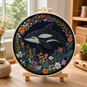 Adult DIY Embroidery Kit, Floral Whale Pattern, Includes Pre-Printed Fabric, Needles, Threads, Frame, Perfect for Gifts and Home Decor