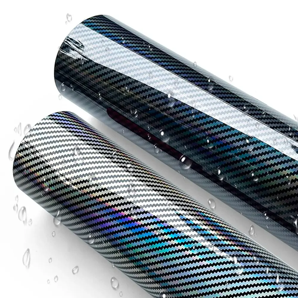 Premium PET Glossy Rainbow Laser Holographic Carbon Fiber Chrome Vinyl Wrap Film With Air Release Self Adhesive Car Motorcycle Sticker Decal