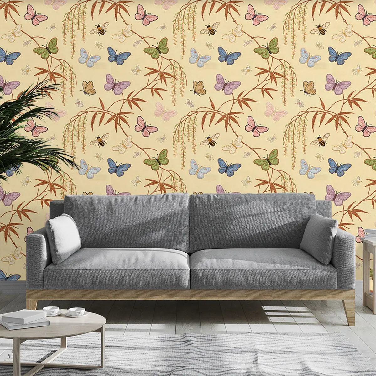 1 piece butterfly bamboo leaf pattern cyclic wallpaper for home use, suitable for living rooms, bedrooms, foyers, cafes, and B&Bs, ideal for wall decoration