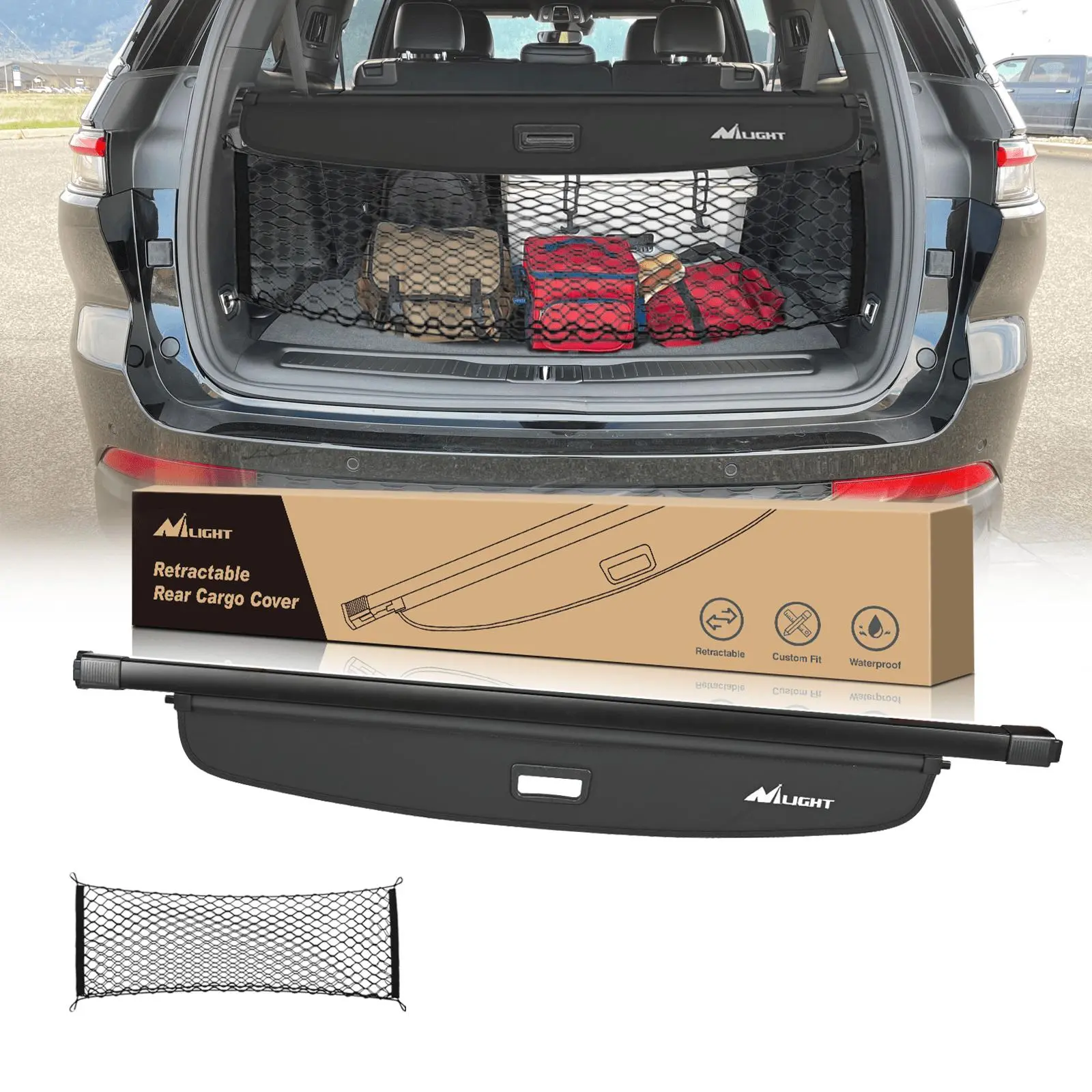 Nilight Retractable Trunk Cargo Cover & Trunk Storage Net Bundle - Custom Fit Car Interior Accessory for 2021-2025 Jeep Grand Cherokee L 3-Row, Durable Quality, Avoids Scratching, Deters Theft, Father's Day Gift Option, No Drilling Or Tools Needed