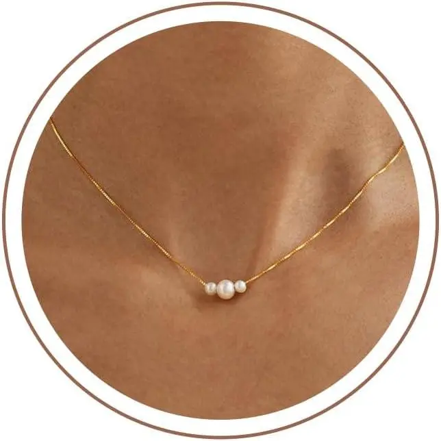Gold Pearl Necklace for Women Trendy, 14K Gold Plated Dainty Layered Necklace Simple Wedding Birthday Jewelry