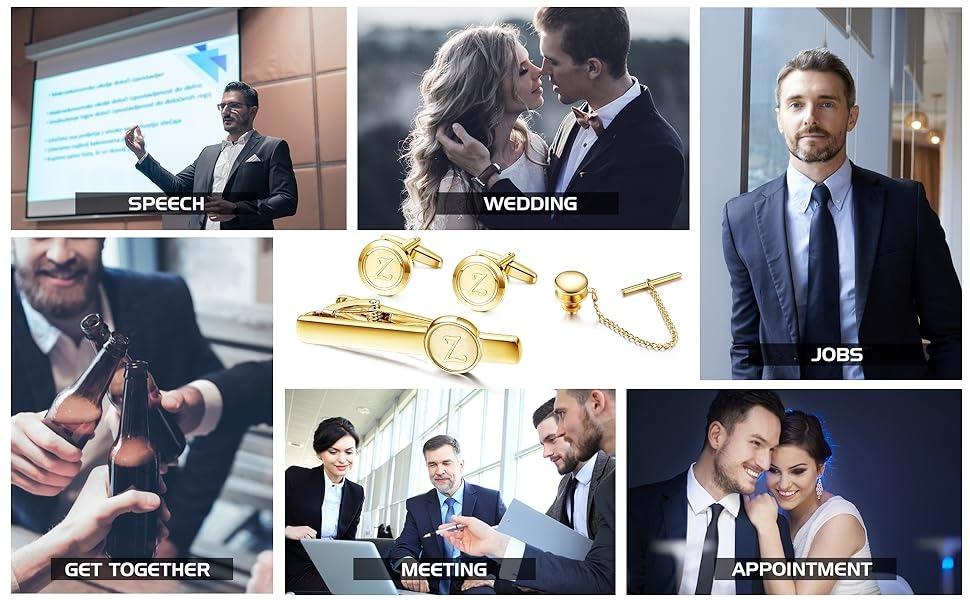 Drperfect Initial Cufflinks and Tie Clip Set for Men Personliazed Stainless Steel Cuff Links Tie Bar and Tie Pin Letter Alphabet A-Z for Wedding, Groomsmen, Husband, Father