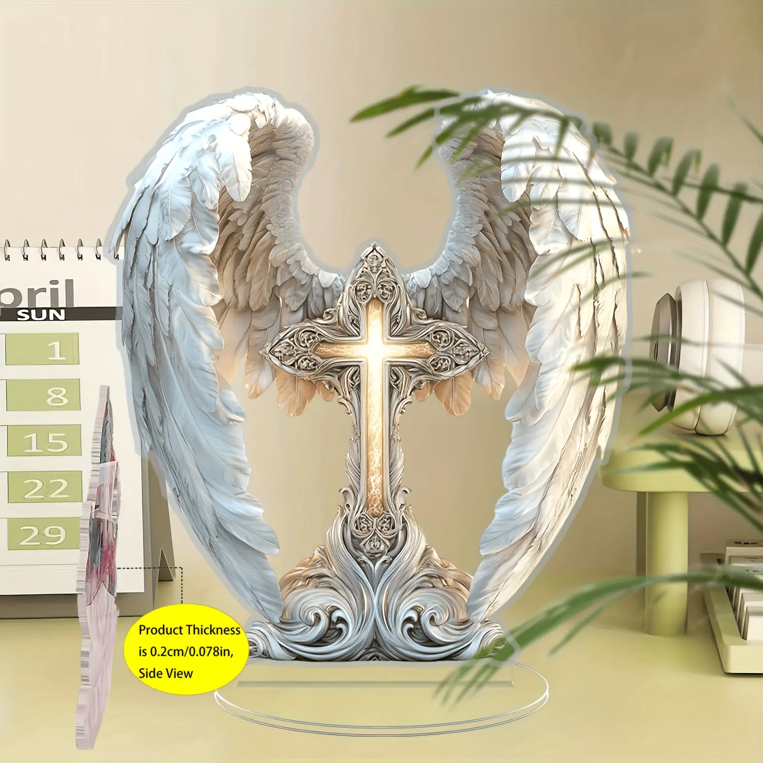 2D flat, 2D flat printing, 1 Bohemian style acrylic angel wing cross desktop decoration - suitable for desktop and window displays, no electricity required, suitable for all room types, perfect gift and dream catcher
