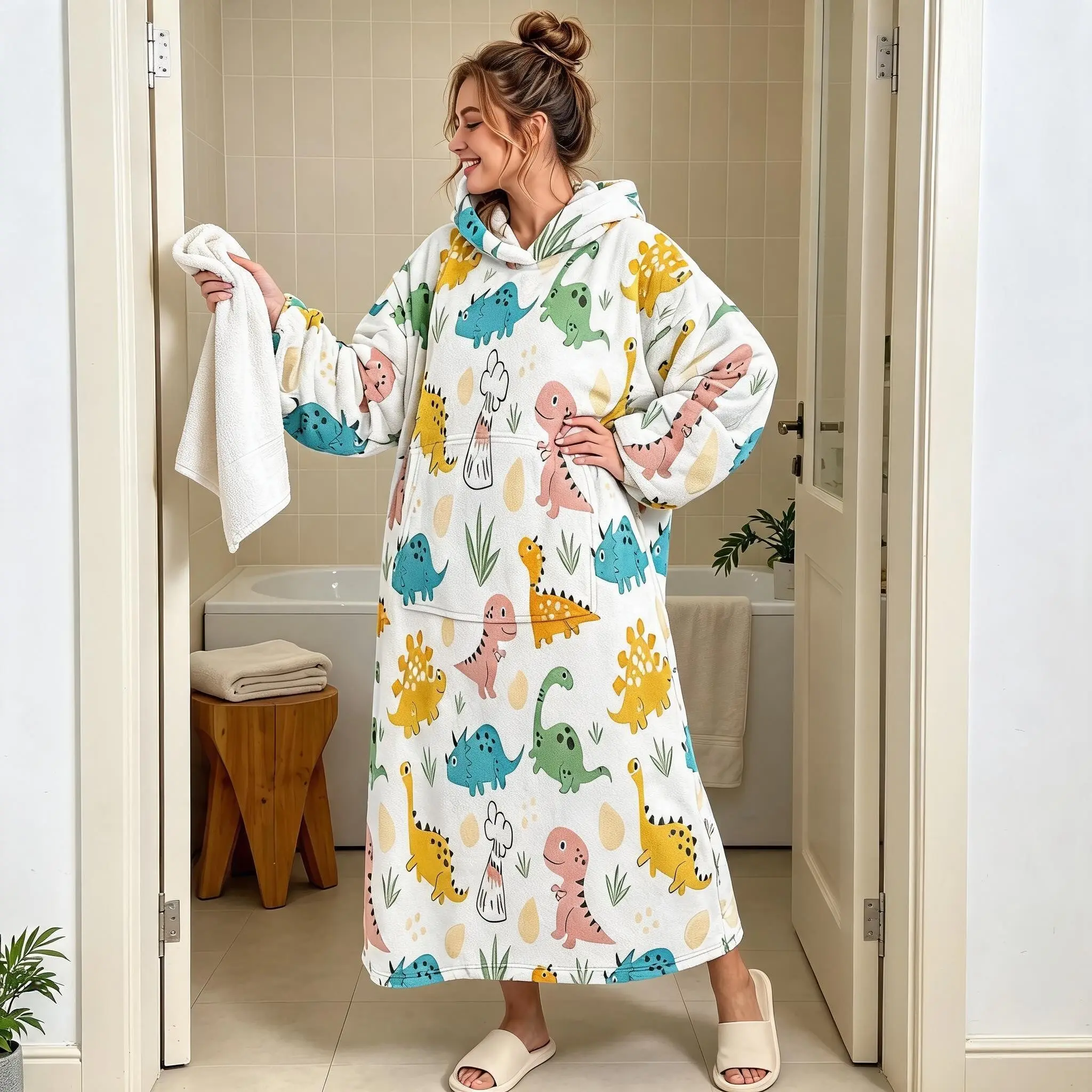 1pc Flannel Hooded Wearable Blanket, Colorful Small Dinosaur Print, Fun Cartoon Style, Loose Long Sleeve with Large Pockets, Christmas Gift