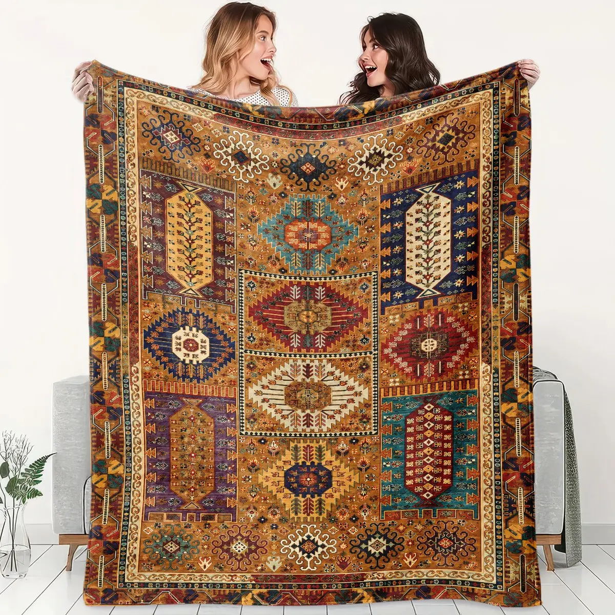 1pc Boho Tribal Flannel Blanket, Vintage Geometric Fleece Throw with Ethnic Pattern, Aztec Inspired Design, Retro Tapestry Style, Soft Cozy Blanket for Sofa, Bed, Office, Camping, Travel, Thanksgiving Christmas Gift