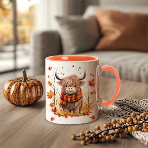 Fall Highland Cow Maple Leaves Coffee Mug - Birthday Gifts For Cow Lovers - Fall Autumn Decor Gifts For Farmhouse Thanksgiving - Highland Cows Gift - 11oz White Ceramic Coffee Tea Mug Drinkware Cup