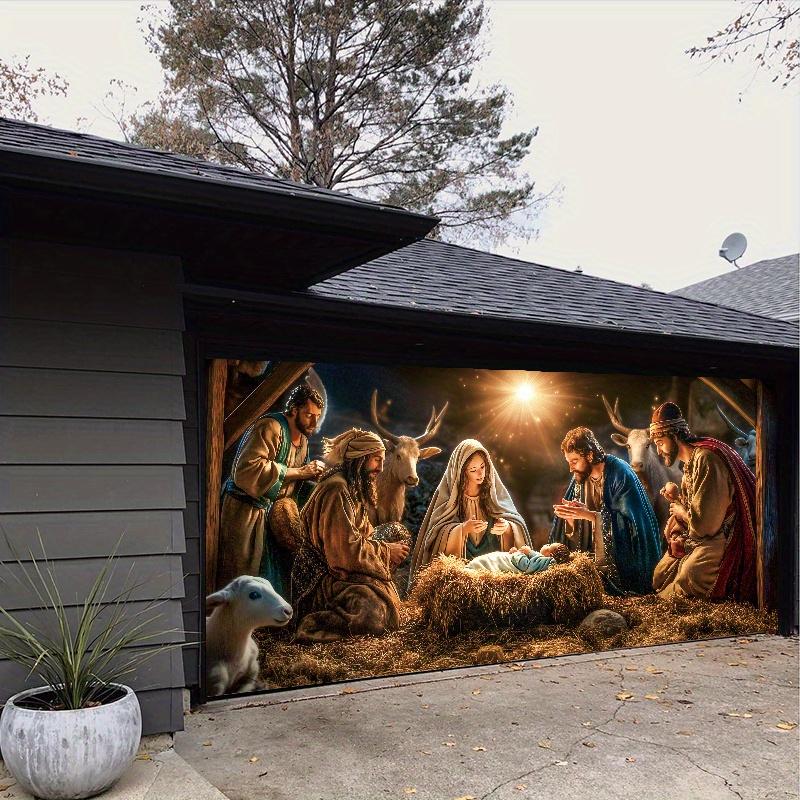 1 religious character nativity scene garage door banner Large polyester tapestry with Mary and Joseph outdoor holiday decoration, perfect for holiday and party atmosphere poinsettia artificial