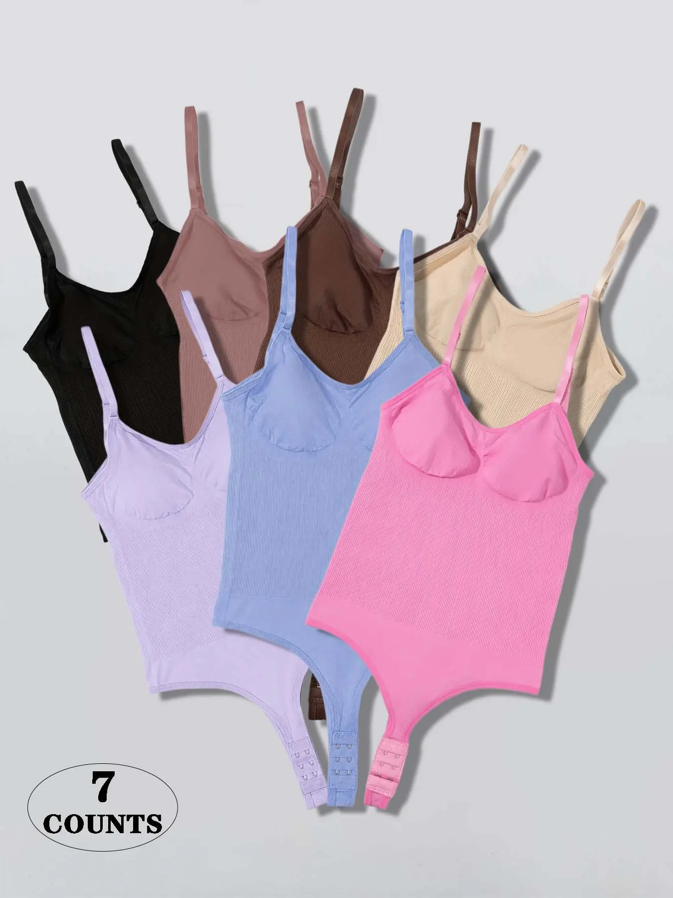 7-Pcs Adjustable Thin Straps Seamless Waist Cinching Women's One-Piece Undergarment, Daily Casual Everyday Ribbed Shapewear