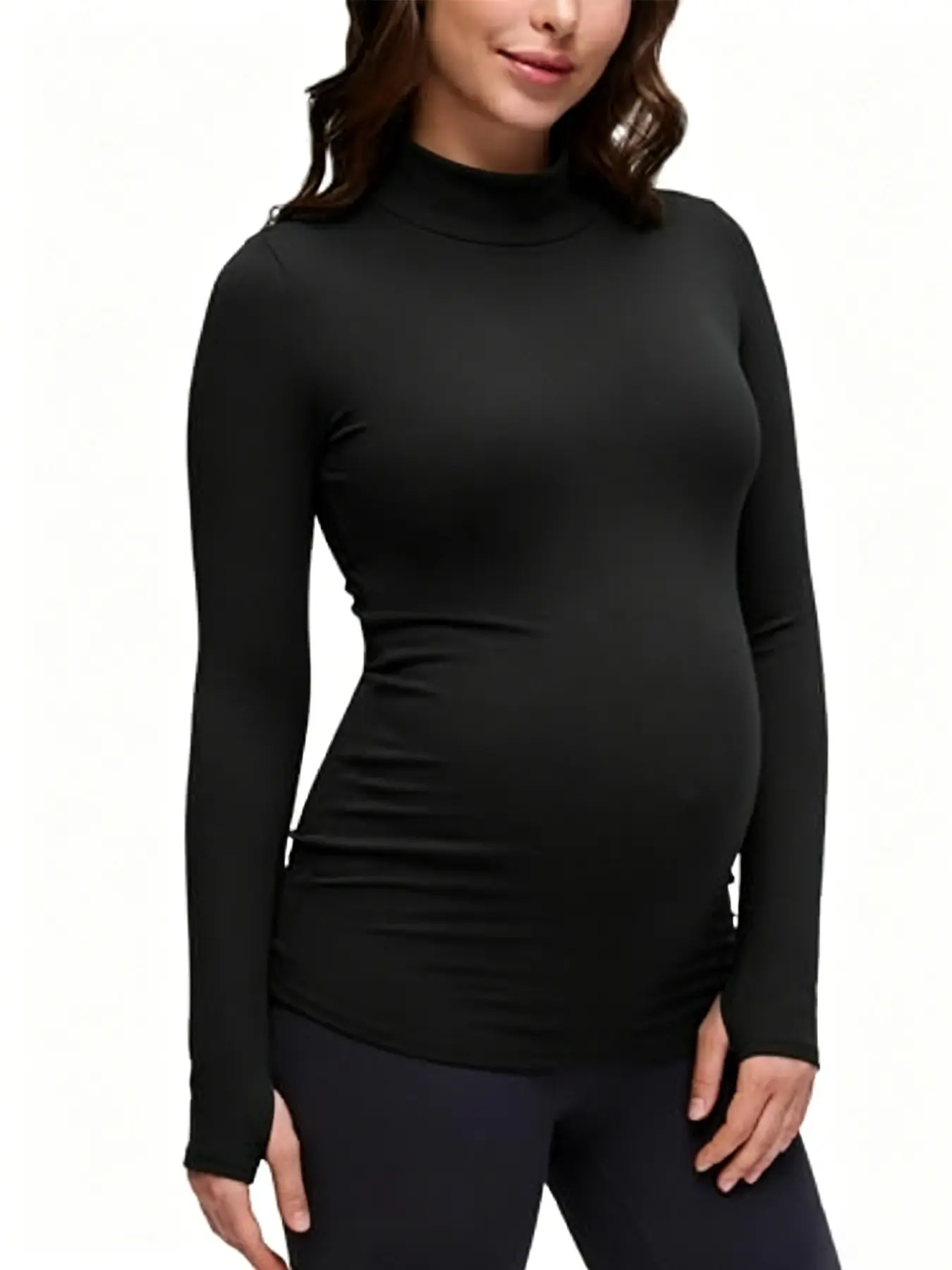 Maternity T‑shirt, casual workout black turtleneck long‑sleeve top, comfortable autumn and winter maternity wear for women