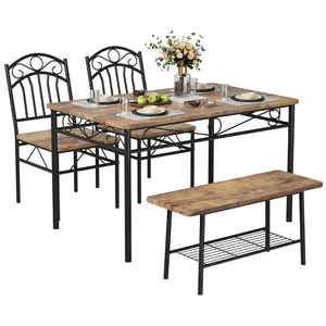 Dining Table Set for 4, 4-Piece Kitchen Table with 1 Bench and 2 Chairs, Small Kitchen Table Set with Metal Frame & Storage Rack, Compact Dinette Table Set for Dining Room, Apartment