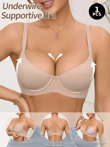 Women's Comfortable Jelly Bra Adjustable Wide Straps Medium Support Push-Up Lined Everyday Wear Underwear, Elegant Plain Design