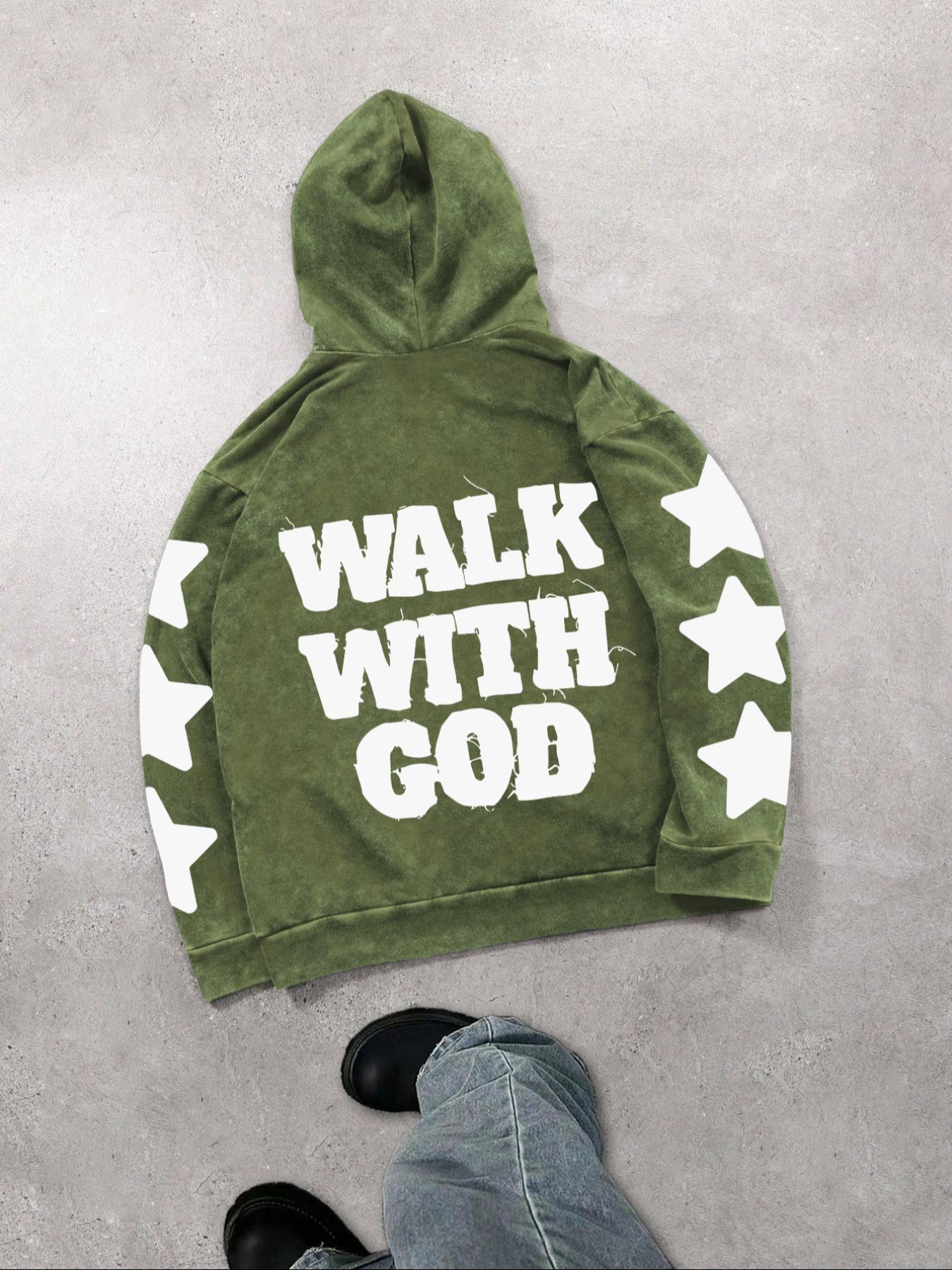 Men's Street Style Graphic Print Washed Distressed Drawstring Hoodie, Casual Comfy Long Sleeve Kangaroo Pocket Design Hooded Sweatshirt for Daily Wear