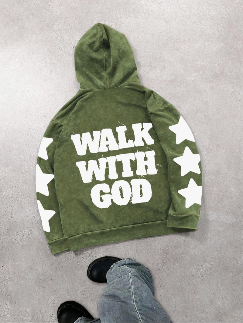 Men's Street Style Graphic Print Washed Distressed Drawstring Hoodie, Casual Comfy Long Sleeve Kangaroo Pocket Design Hooded Sweatshirt for Daily Wear