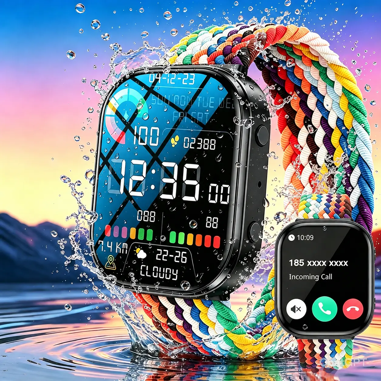 New smartwatch, supports wireless calling, suitable for outdoor swimming, features multiple sports modes, can control music playback. Comes with sedentary reminder, customizable watch face wallpaper, real-time weather updates, USB charging,