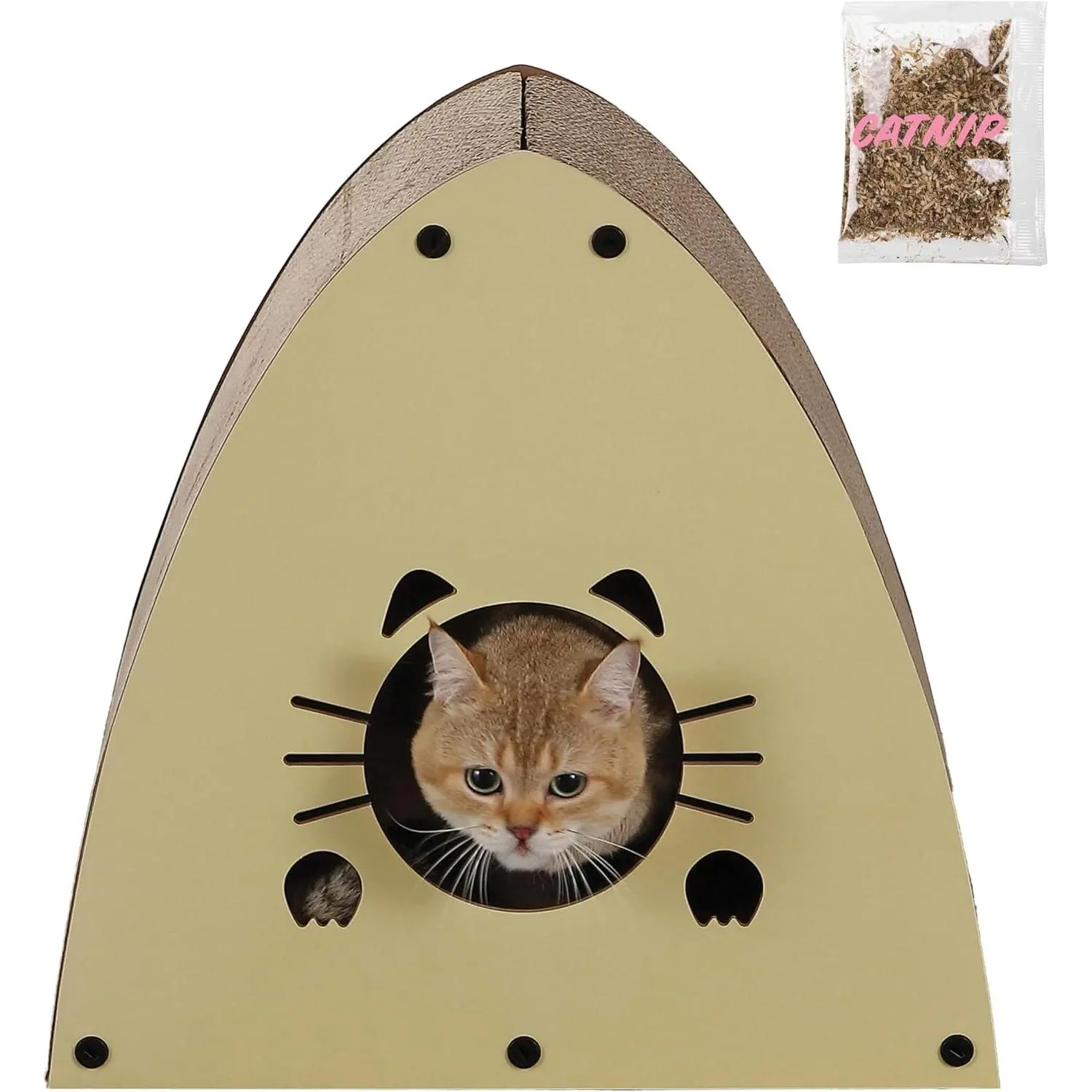 CSR1006A 19" Modern Cardboard Triangle Cat Cave Scratcher with Catnip, Almond