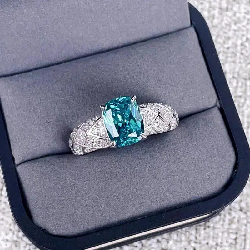 Luxury 18K Solid Platinum PT950 certifid Paraiba 7*9mm Square High Carbon Diamond Ring Ring Fashion Style
