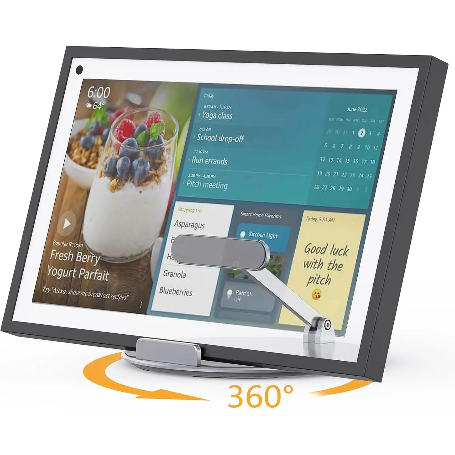 Alloy Accessory Mount for Echo Show 15/21, 10-17 Inch Tablets, Adjustable Folding Portable Stand with 360 Rotatable Base, Anti-Skid Stability for Easy Portrait-Landscape Orientation