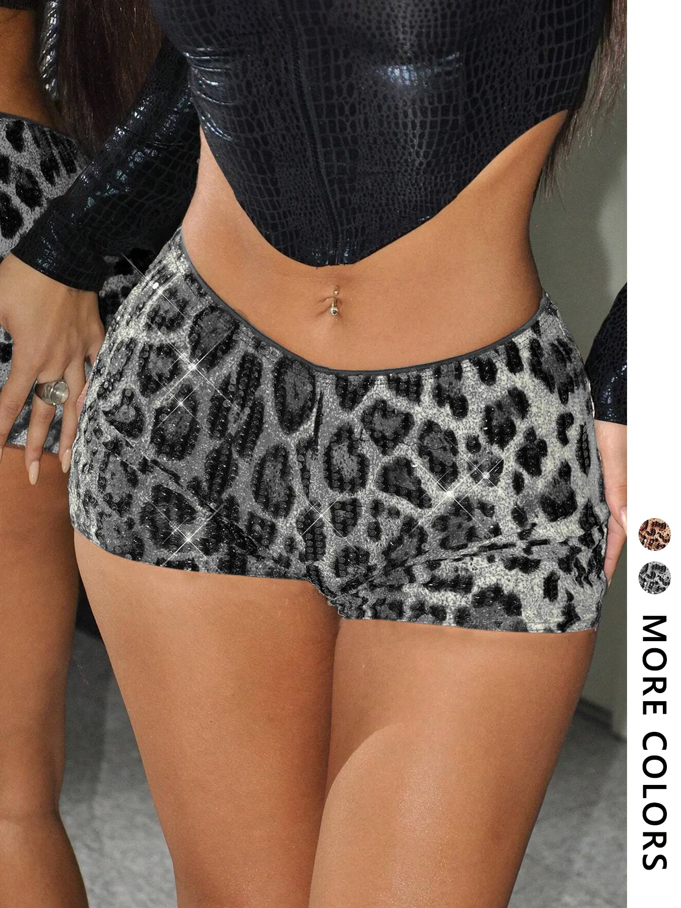Women Brown Leopard Print Sequin Elastic Waist Low Rise Bodycon Hot Shorts Slim Fit Flattering Silhouette Sexy Vintage Y2K Aesthetic Streetwear Night Out Party Clubwear Summer Casual Going Out Ladies Fashion Bottoms