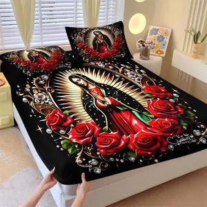Our Lady of Guadalupe Inspired Fitted, Breathable Sheet Set & 2 Pillowcases, Black Base with Red Roses & Gold Accents Print, Soft Durable Fabric, Deep Pocket Mattress Cover, Religious Art Bedding, Spiritual Home Decor Gift