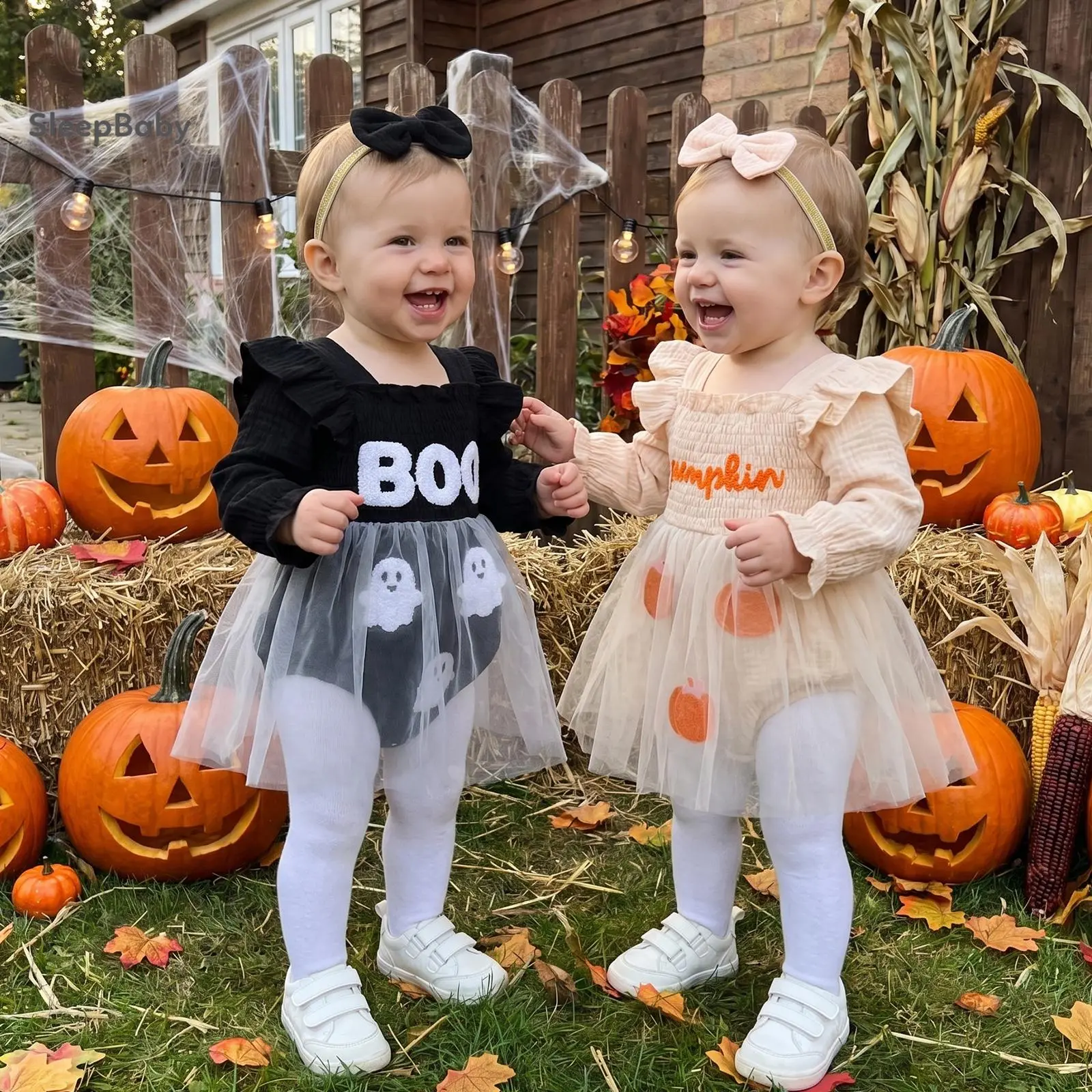 Baby Girl Halloween Outfits, Smocked Long Sleeve Bubble Romper and Bow Headband Set, 2-Piece Pumpkin Print Cotton Blend, Girl Outfits