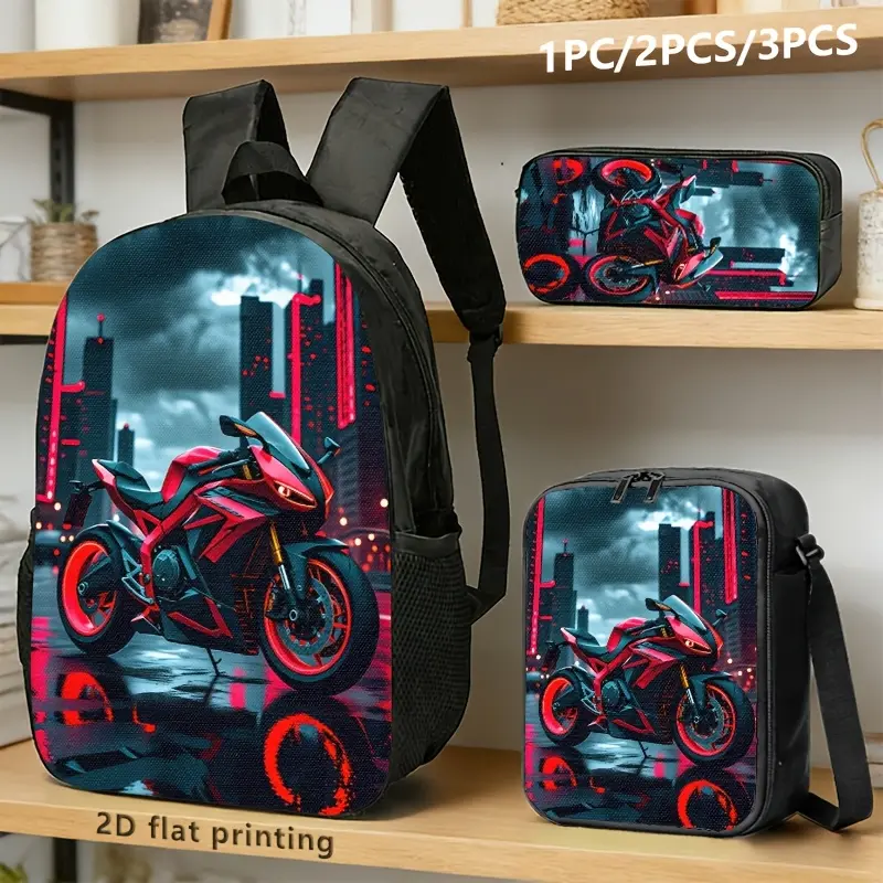 1pc/2pcs/3pcs Backpack, Crossbody Bag And Pouch with Cyberpunk Urban Motorcycle Motif Red/Black Neon-Lit Sportbike on Rain-Slicked Cityscape; Ideal for Young Adults, Daily Commute, Travel, Or Gear Organization, Conveying Bold Tech-Geek Style