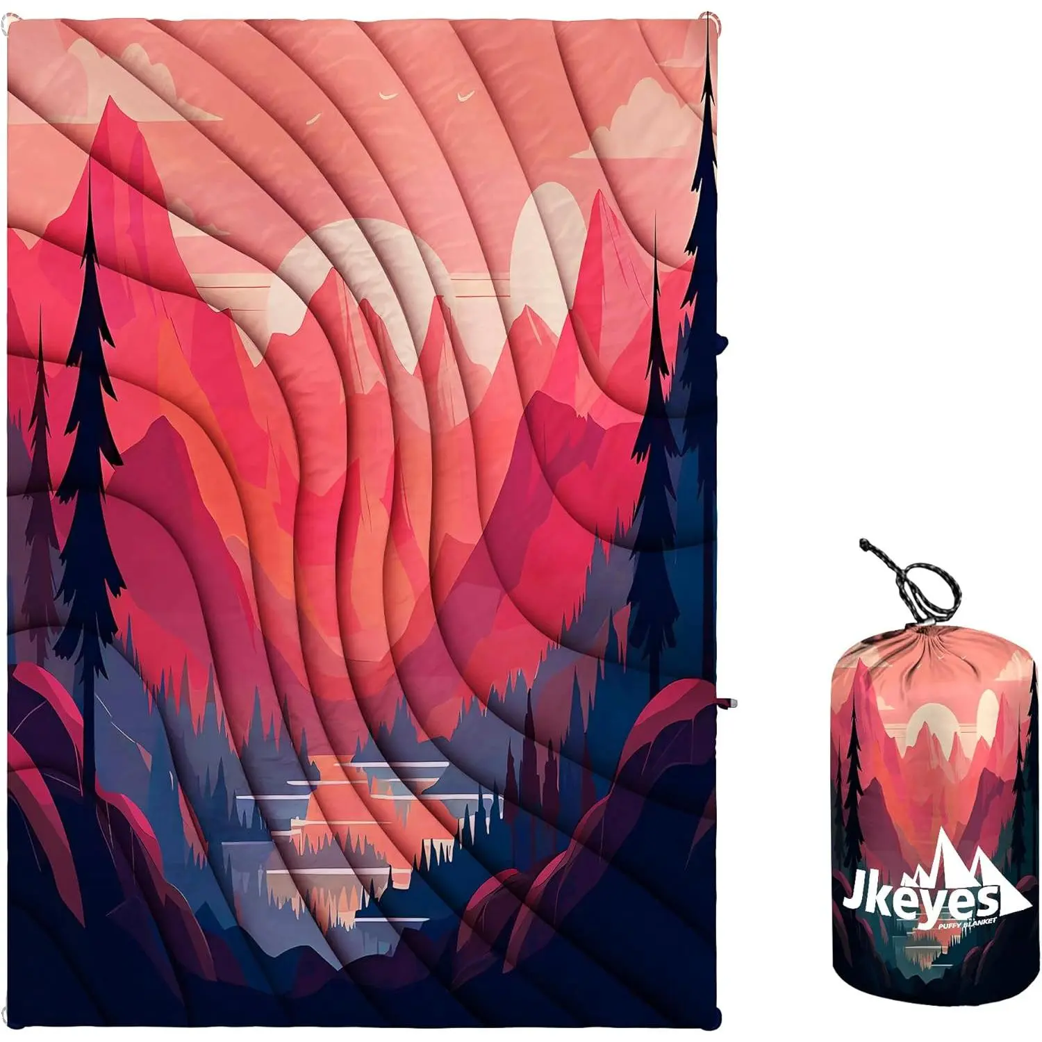 Yizheer Ultimate Puffy Camping Blanket - Recycled Nylon, Single Person Non-Inflatable Hiking Blanket, Lightweight Down Alternative, Packable Printed Pattern, Waterproof Ultra Warm for Camping Cold Weather (Sunset), Outdoor Camping
