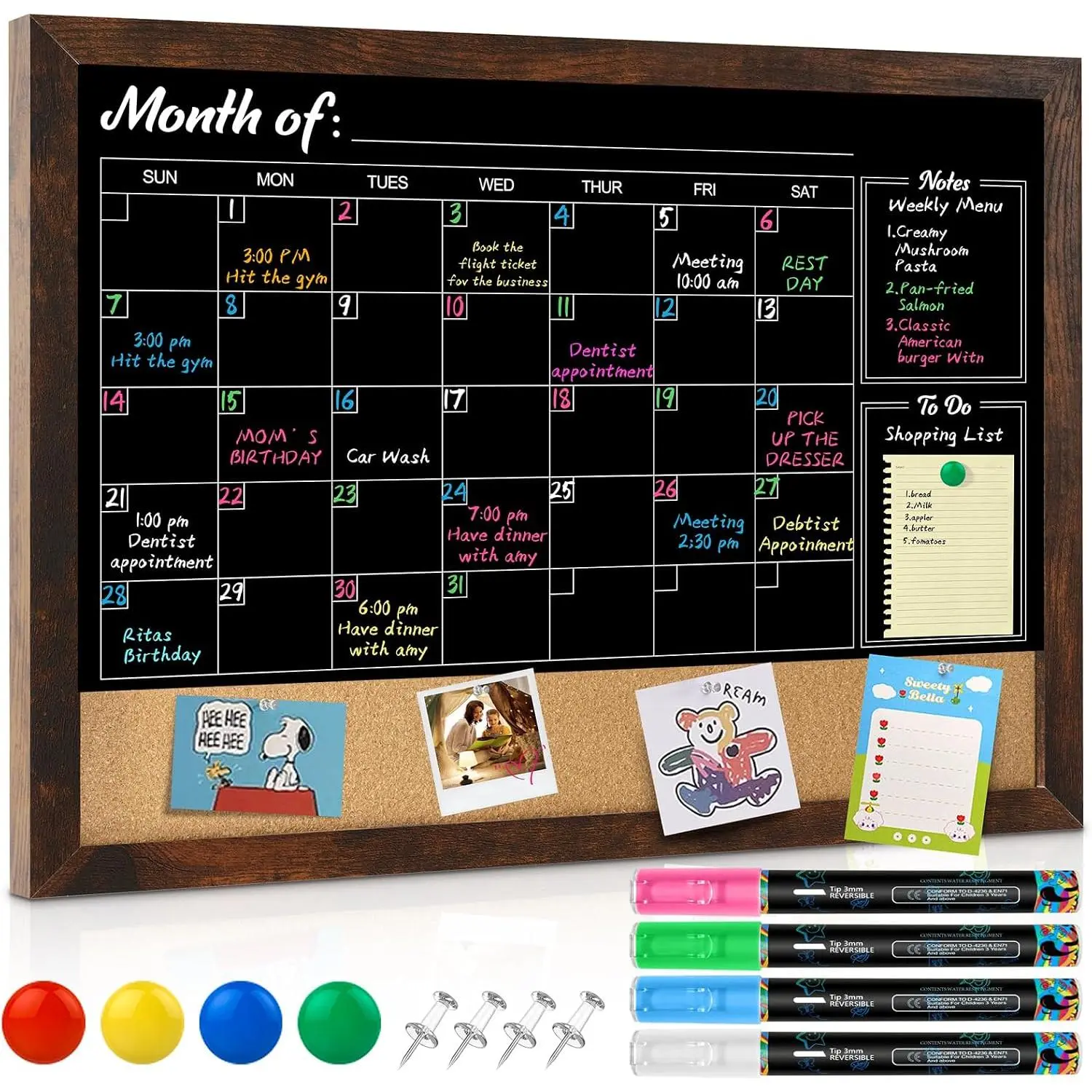 Chalkboard Calendar 24"x 18"  Chalk Calendar for Wall |  Framed Chalk Calendar Cork Combo Board,Wall Mounted Blackboard Calendar for Office, Kitchen, School &