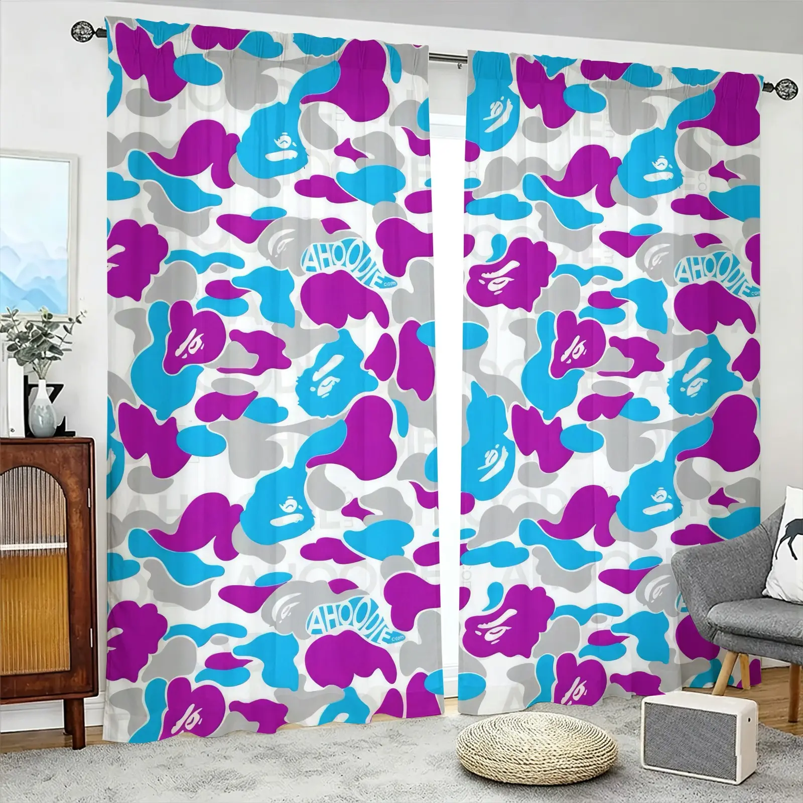 2 Pack Brushed Fabric Curtains, Camo Ape Head Streetwear Digital Print Window Drapes, Semi-Transparent & Fade Resistant, Through Rod Hanging Design, Machine Washable, Window Curtain Panels, for Teen Bedroom