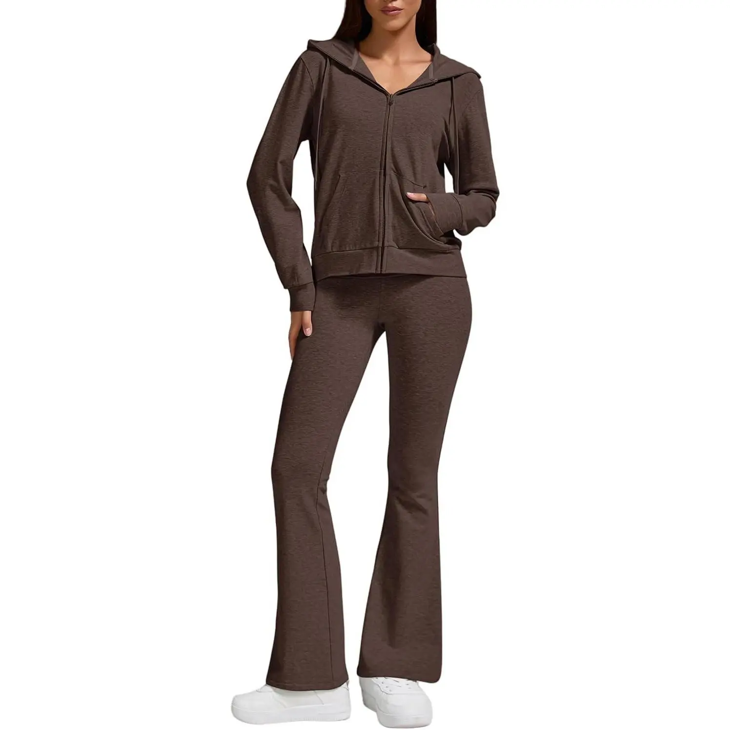 Casual Workout Two Piece Outfits for Women Zip Up Hoodies High Waist Foldover Flare Pants Tracksuit Sets Streetwear