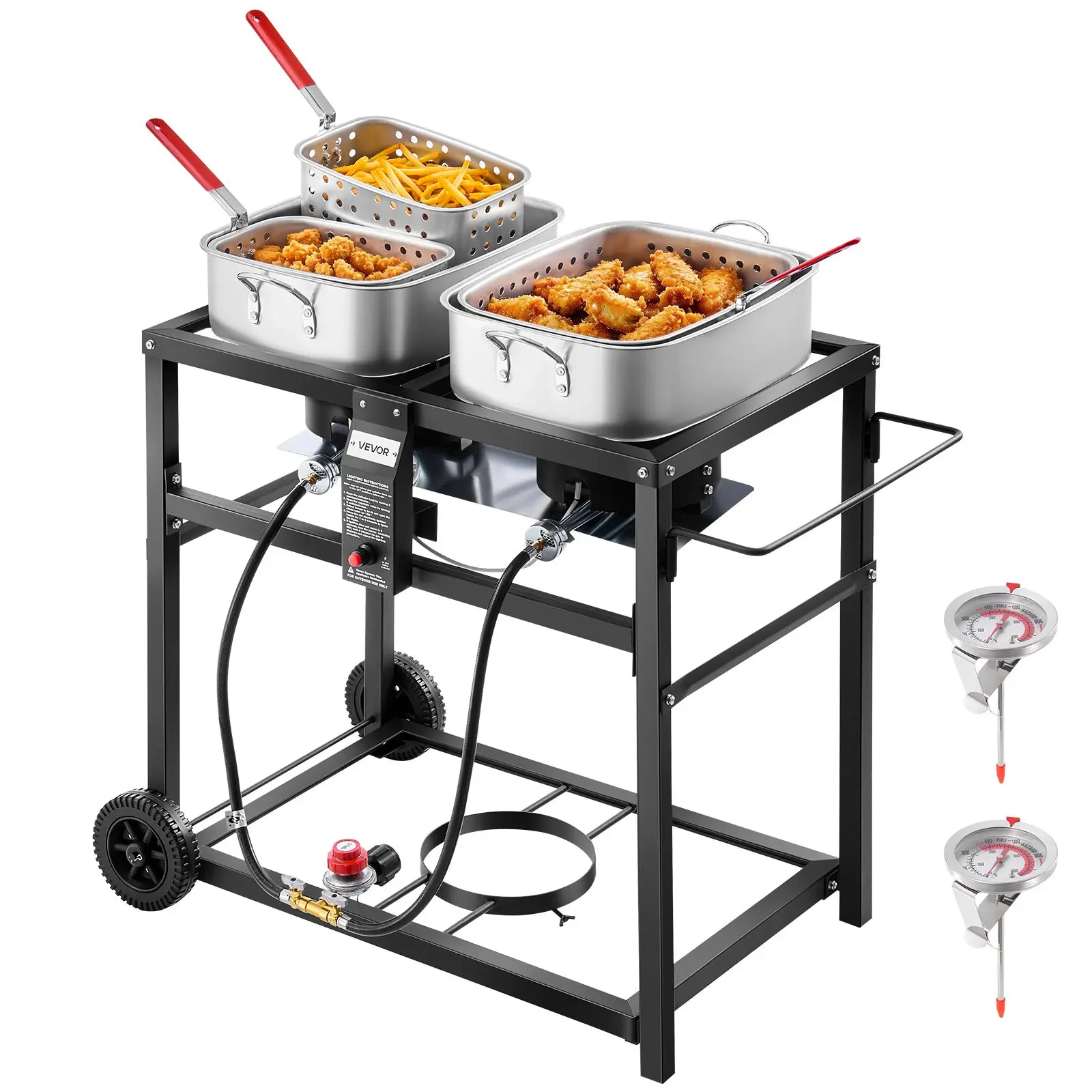 VEVOR Outdoor Propane Deep Fryer, Dual-Tank 18QTx2 Commercial Fryer, Multi-Purpose Portable Frying Cart with Wheel, 3 Basket, 2 Thermometer, Stainless Steel Cooker for Fish Fry Wings Fries, 40, 000 BTU