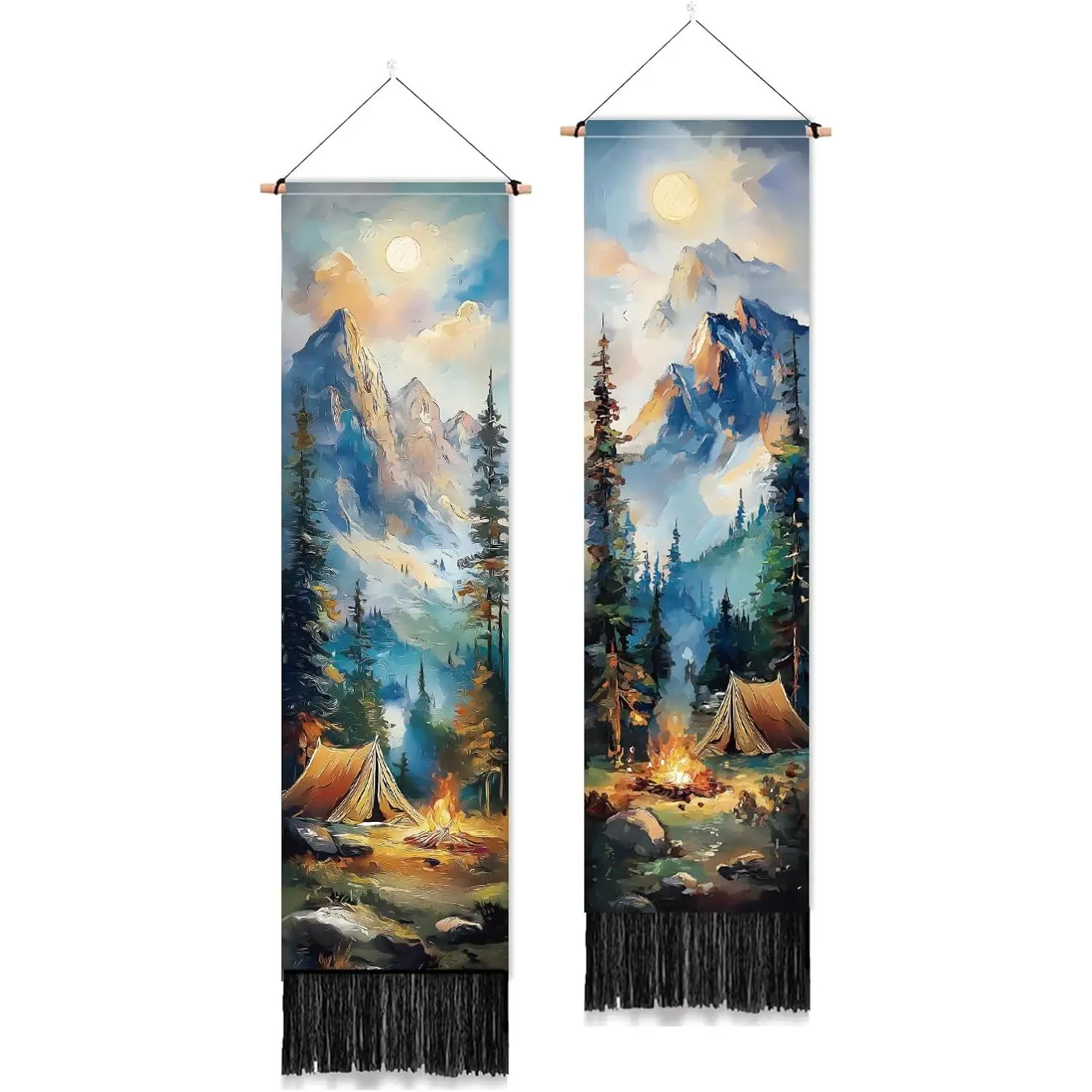 PLIGREAT 2-Pack Oil Paint Style Forest Campfire Vertical Tapestry, Polyester Aesthetic Wall Hanging with Tassels for Bedroom, Room Decoration, Housewarming Gift Idea