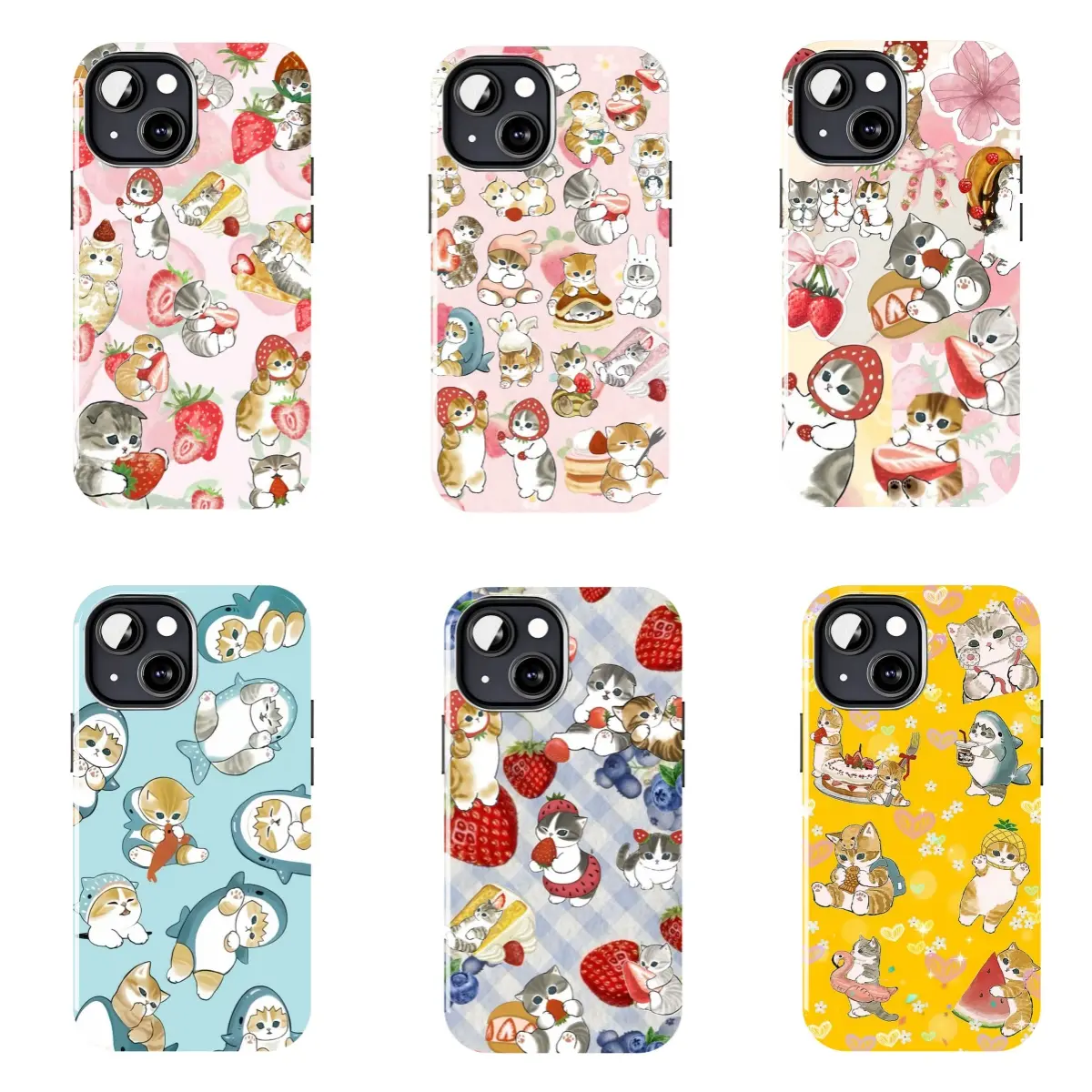 Mofusand Pastel Aesthetic Hard Case, featuring a collage of cartoon cat stickers, blue, pink, and yellow background. This drop-proof and durable case is compatible with iPhone 11–17 Pro Max/Plus series and Samsung Galaxy S23–S25 series.