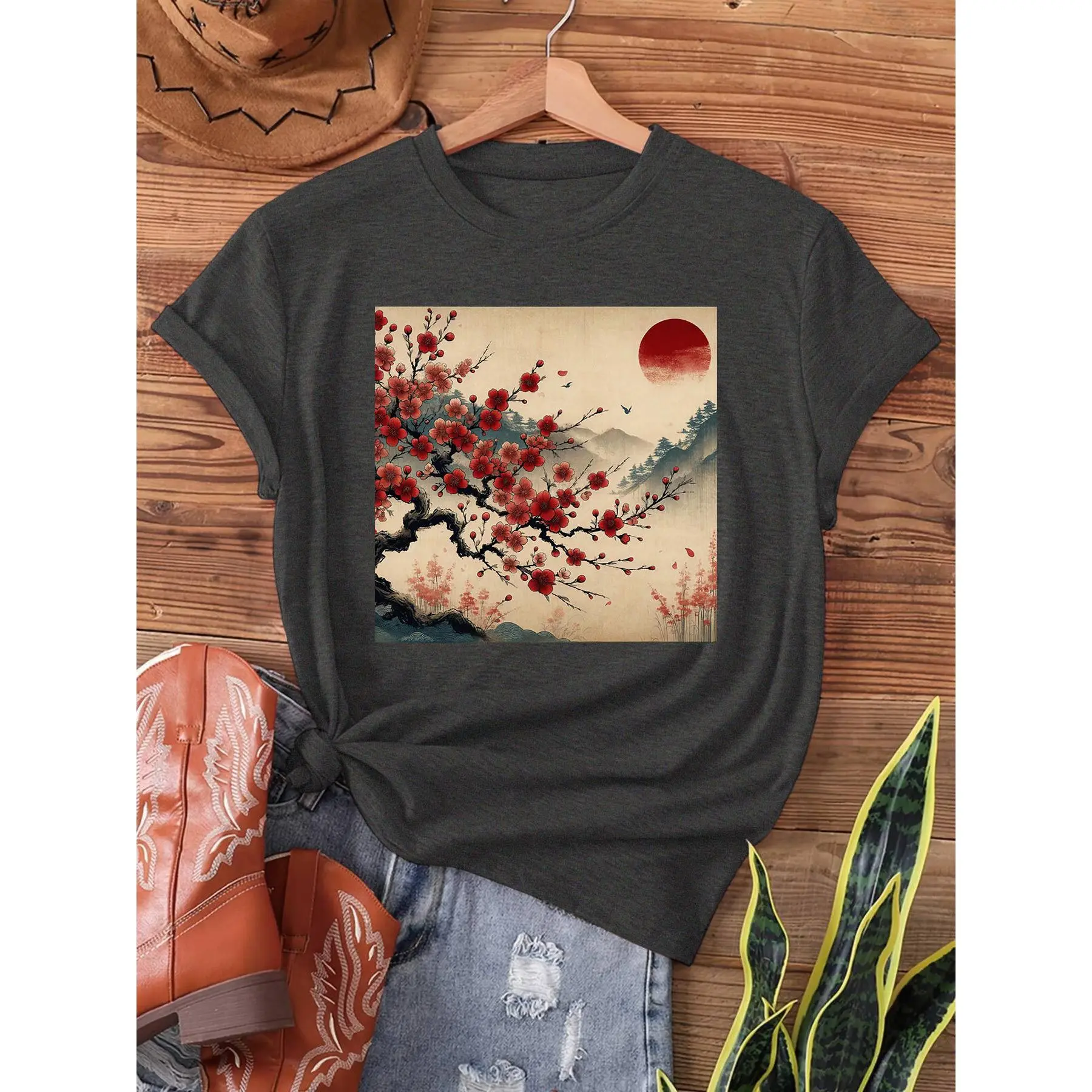 Japanese Red Plum Blossom & Red Sun Landscape Art Graphic Tee - Standard Pure Cotton Dark Heather Short Sleeve Crewneck Top for Women & Men, Oriental Aesthetic Apparel, Casual Streetwear & Gift