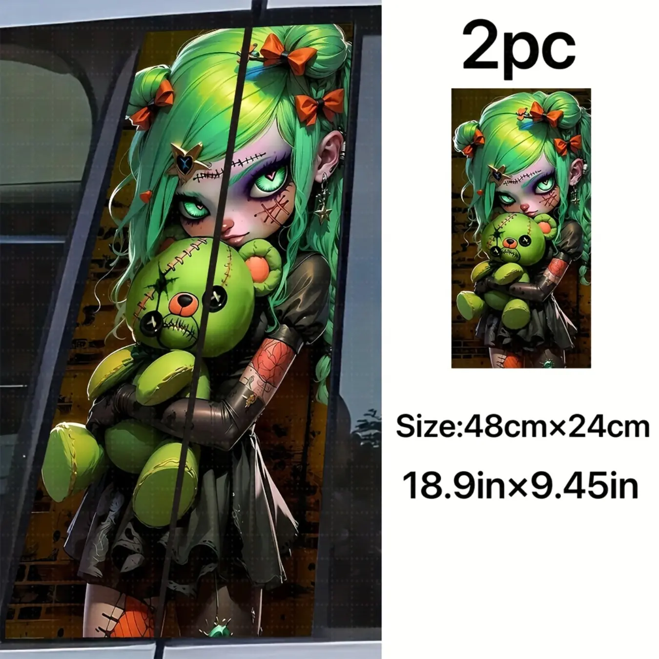 2pcs Dark Style B-Pillar Car Stickers, Green-Haired Girl and Green Bear Doll Pattern, Mysterious and Cool Vinyl Decals, Car Door Pillar Protective Stickers - B-Pillar, Easy to Apply and Remove, Sunproof, Waterproof, Scratch-Resistant, Car Decorative