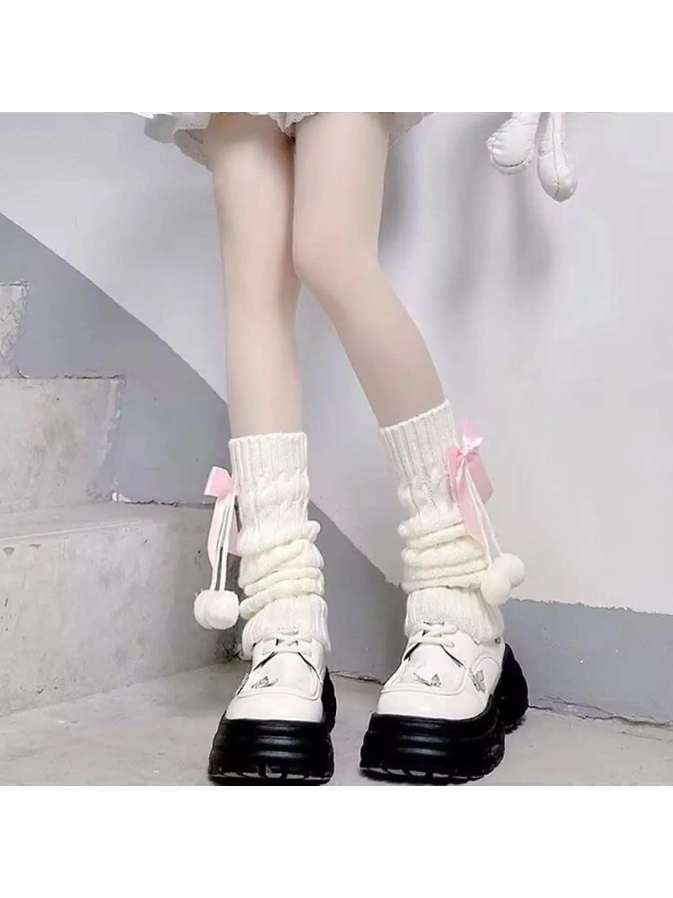Soft Thick Knitted Stacking Leg Sleeves with Bow Decoration, Sweet Style Thermal Leg Warmers for Ladies Cold Weather Wear